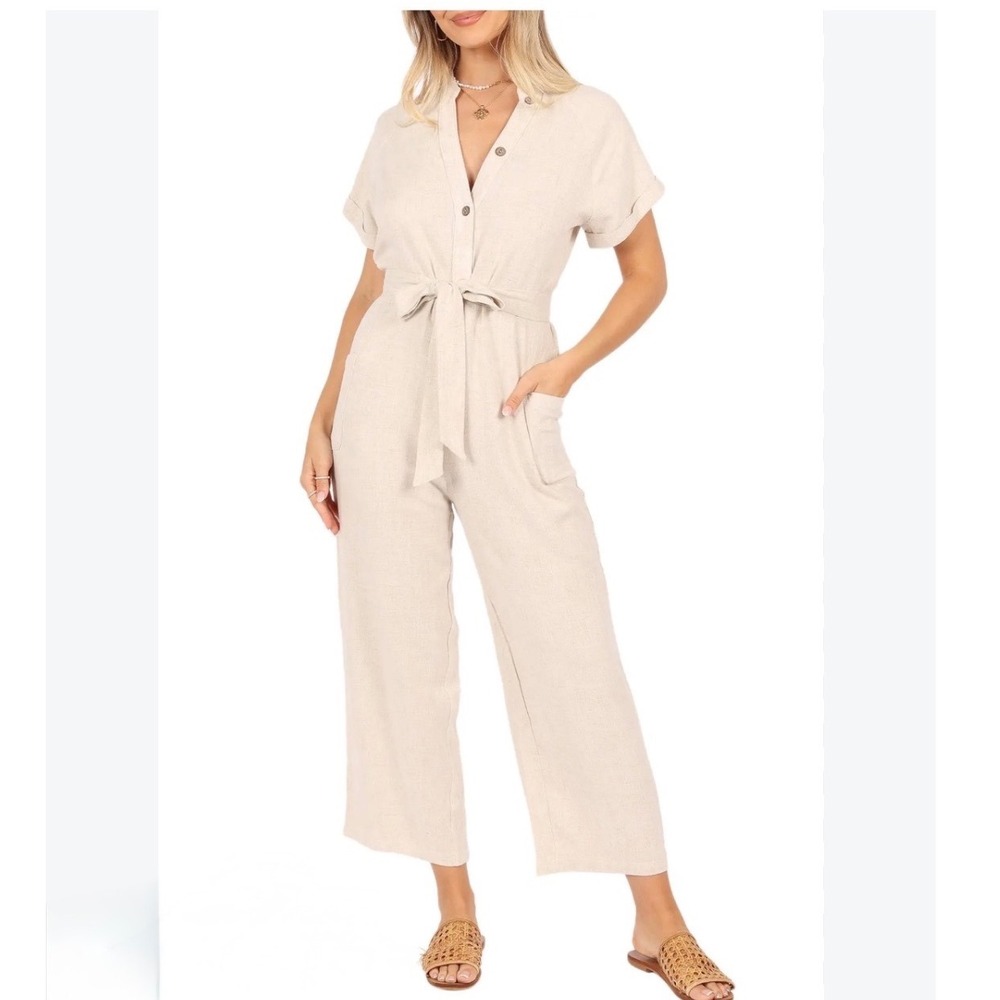 Petal and Pup Archie Tie Waist Linen Jumpsuit Oat Beige XS NWT